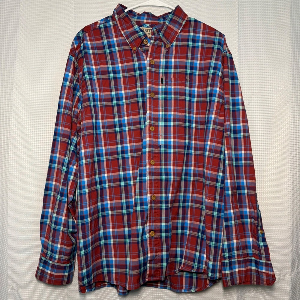 Duluth Trading Co Button Down Shirt XL Red Blue Plaid Cotton Blend Pocket